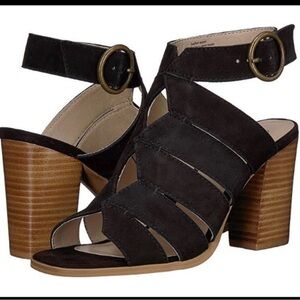 Sheychelles Completely Engaged Black Suede Block Heel Strappy Sandal Sz 7.5